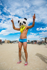 Burning Man burner profile wearing giant panda head on Black Rock City playa 