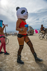 Burning Man burner profile wearing giant panda head on Black Rock City playa 